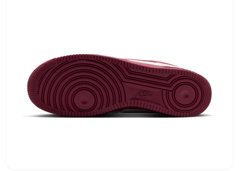 Nike Air Force 1 White Low-Top Sneakers with Burgundy Swoosh and Sole