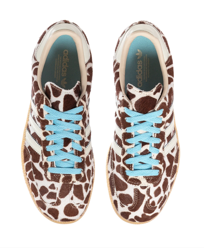 Adidas Brown and Cream Animal Print Sneakers with Light Blue Laces and Gum Sole
