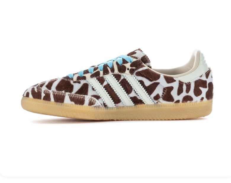 Adidas Brown and Cream Animal Print Sneakers with Light Blue Laces and Gum Sole
