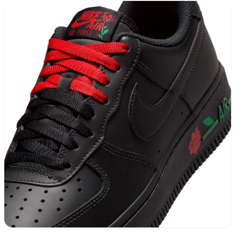 Nike Air Force 1 Black Low-Top Sneakers with Red Rose Details