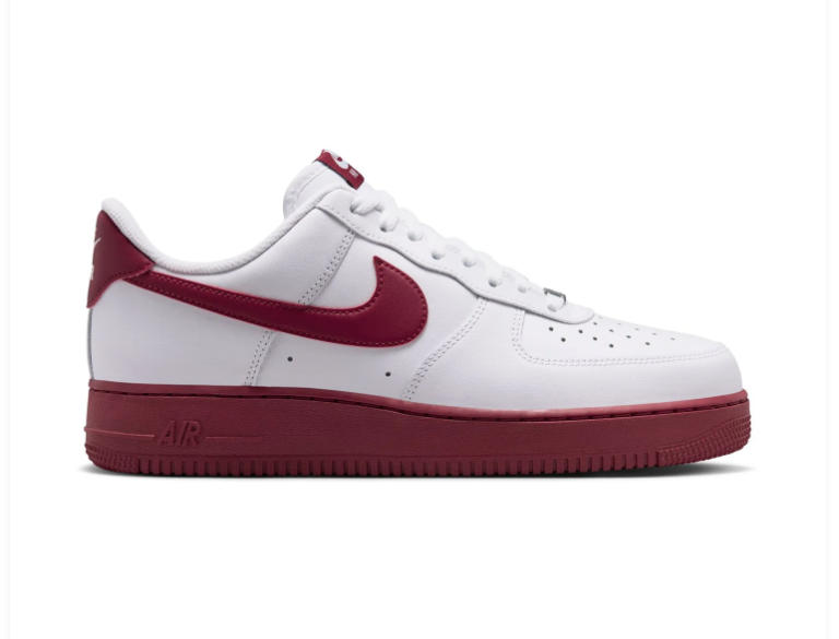 Nike Air Force 1 White Low-Top Sneakers with Burgundy Swoosh and Sole