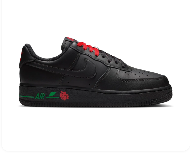 Nike Air Force 1 Black Low-Top Sneakers with Red Rose Details