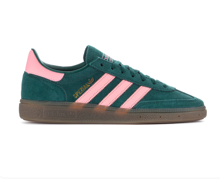 Adidas Handball Spezial Dark Green Sneakers with Pink Stripes and Brown Sole