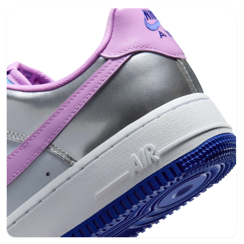 Nike Air Force 1 Metallic Silver Sneakers with Lilac Swoosh and Turquoise Laces