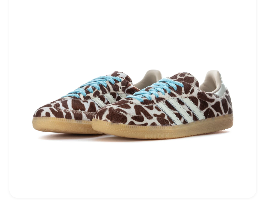 Adidas Brown and Cream Animal Print Sneakers with Light Blue Laces and Gum Sole