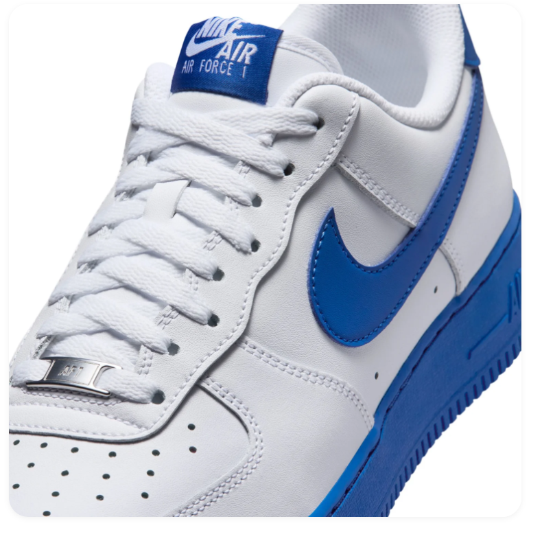 Nike Air Force 1 White Low-Top Sneakers with Blue Swoosh and Sole