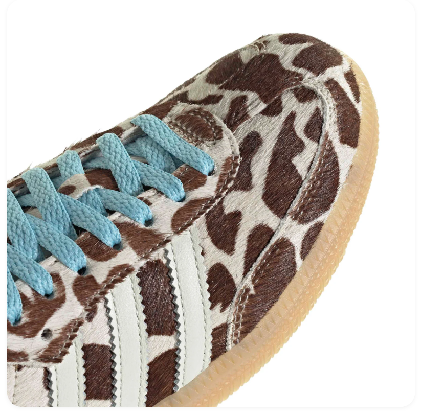 Adidas Brown and Cream Animal Print Sneakers with Light Blue Laces and Gum Sole