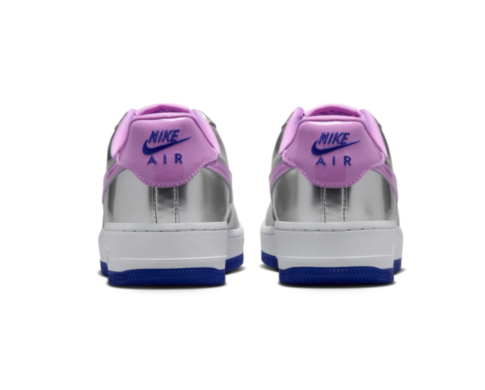 Nike Air Force 1 Metallic Silver Sneakers with Lilac Swoosh and Turquoise Laces