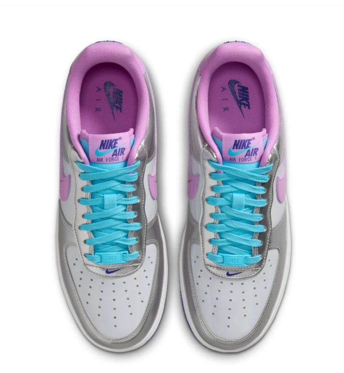 Nike Air Force 1 Metallic Silver Sneakers with Lilac Swoosh and Turquoise Laces
