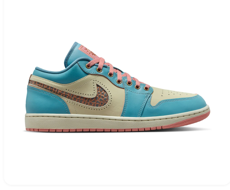 Air Jordan 1 Low Teal and Cream Sneakers with Coral Accents