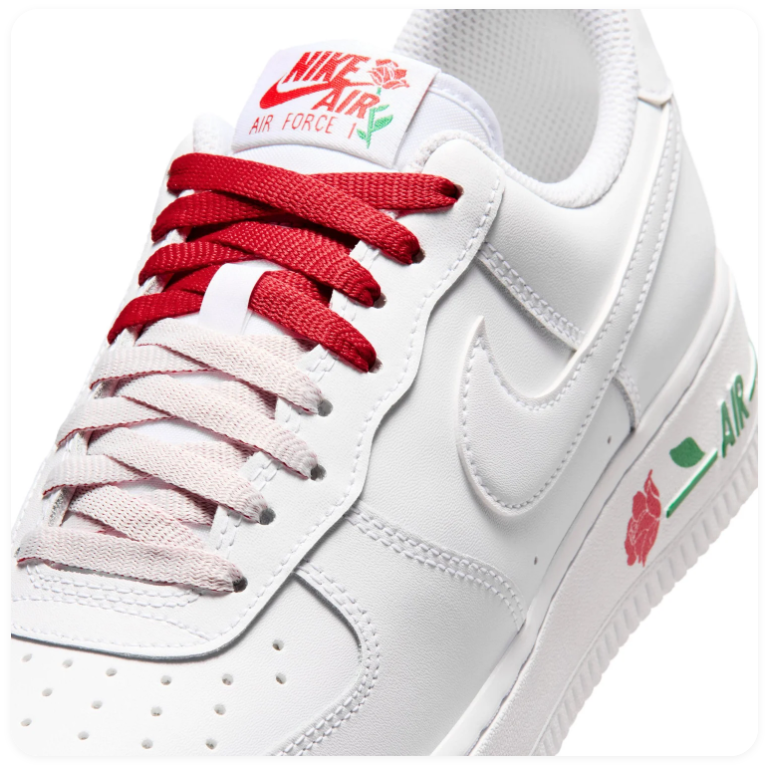 Nike Air Force 1 White Low-Top Sneakers with Red Rose Details