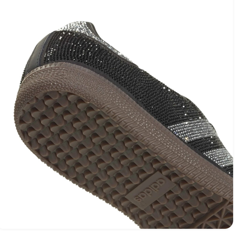 Adidas Black Rhinestone Sneakers with Silver Stripes and Brown Sole