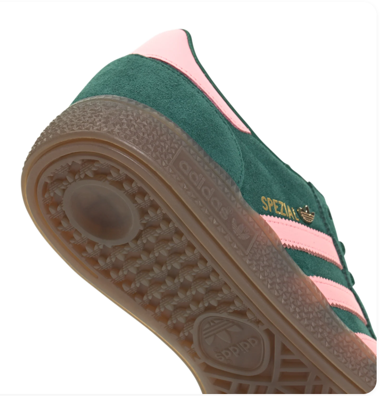 Adidas Handball Spezial Dark Green Sneakers with Pink Stripes and Brown Sole