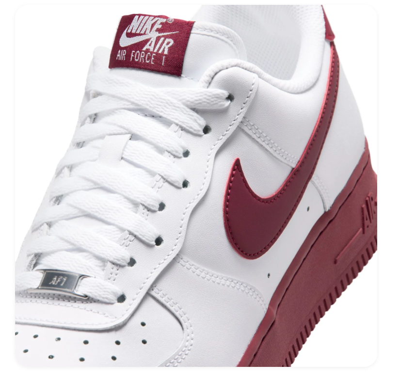 Nike Air Force 1 White Low-Top Sneakers with Burgundy Swoosh and Sole
