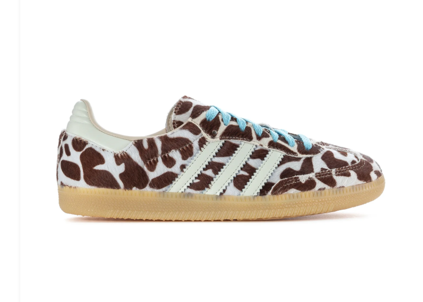 Adidas Brown and Cream Animal Print Sneakers with Light Blue Laces and Gum Sole