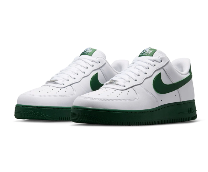 Nike Air Force 1 White Low-Top Sneakers with Dark Green Swoosh and Sole