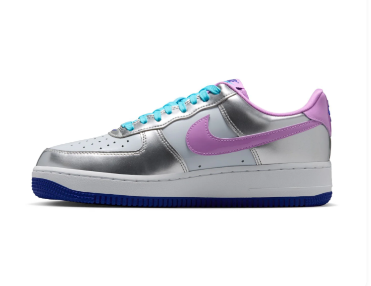 Nike Air Force 1 Metallic Silver Sneakers with Lilac Swoosh and Turquoise Laces