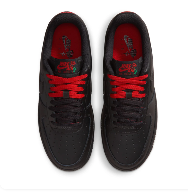 Nike Air Force 1 Black Low-Top Sneakers with Red Rose Details