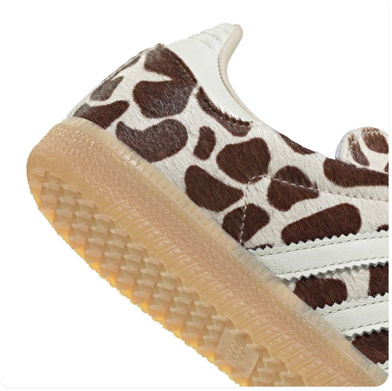 Adidas Brown and Cream Animal Print Sneakers with Light Blue Laces and Gum Sole