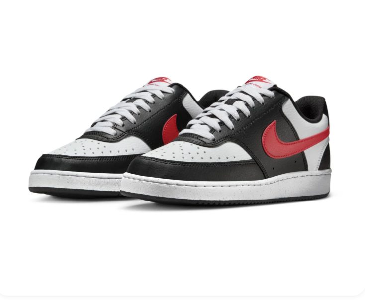 Nike Court Vision Low Black and White Sneakers with Red Swoosh