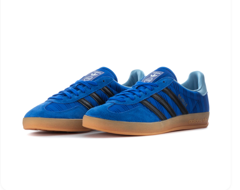 Adidas Gazelle Blue Patterned Sneakers with Black Stripes and Gum Sole