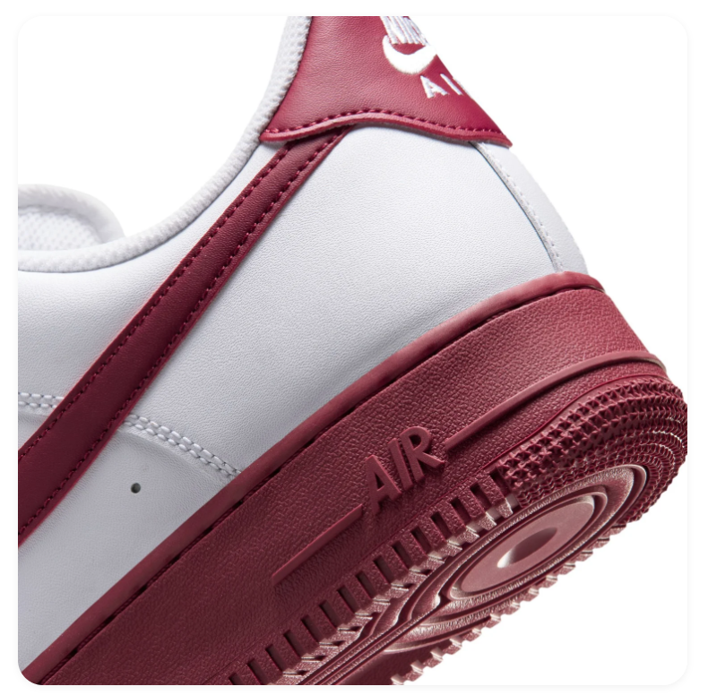 Nike Air Force 1 White Low-Top Sneakers with Burgundy Swoosh and Sole