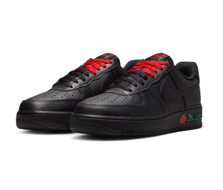 Nike Air Force 1 Black Low-Top Sneakers with Red Rose Details