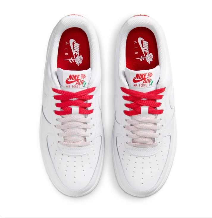 Nike Air Force 1 White Low-Top Sneakers with Red Rose Details