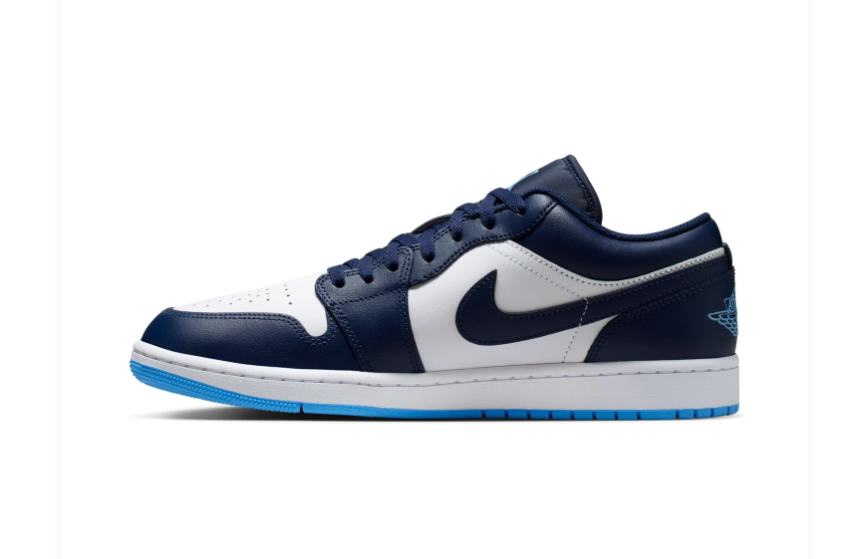 Air Jordan 1 Low Navy and White Sneakers with Bright Blue Outsole