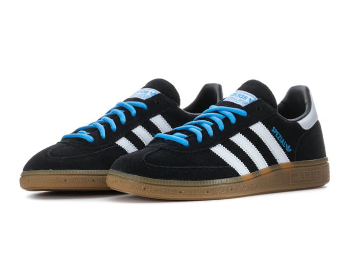 Adidas Handball Spezial Black Sneakers with White Stripes and Sky Blue Laces