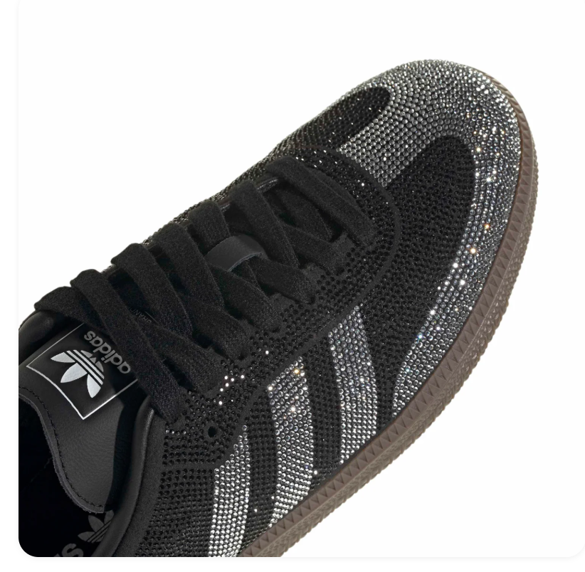 Adidas Black Rhinestone Sneakers with Silver Stripes and Brown Sole