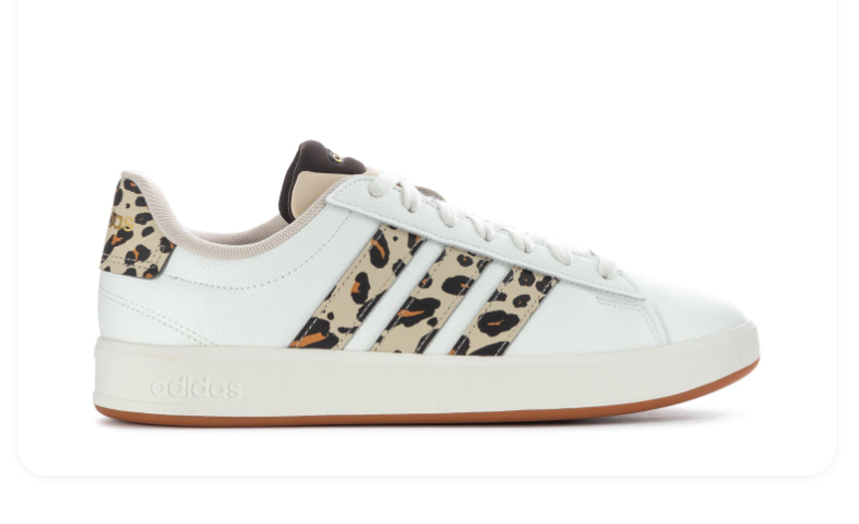 Adidas White Low-Top Sneakers with Leopard Print Stripes and Gum Outsole