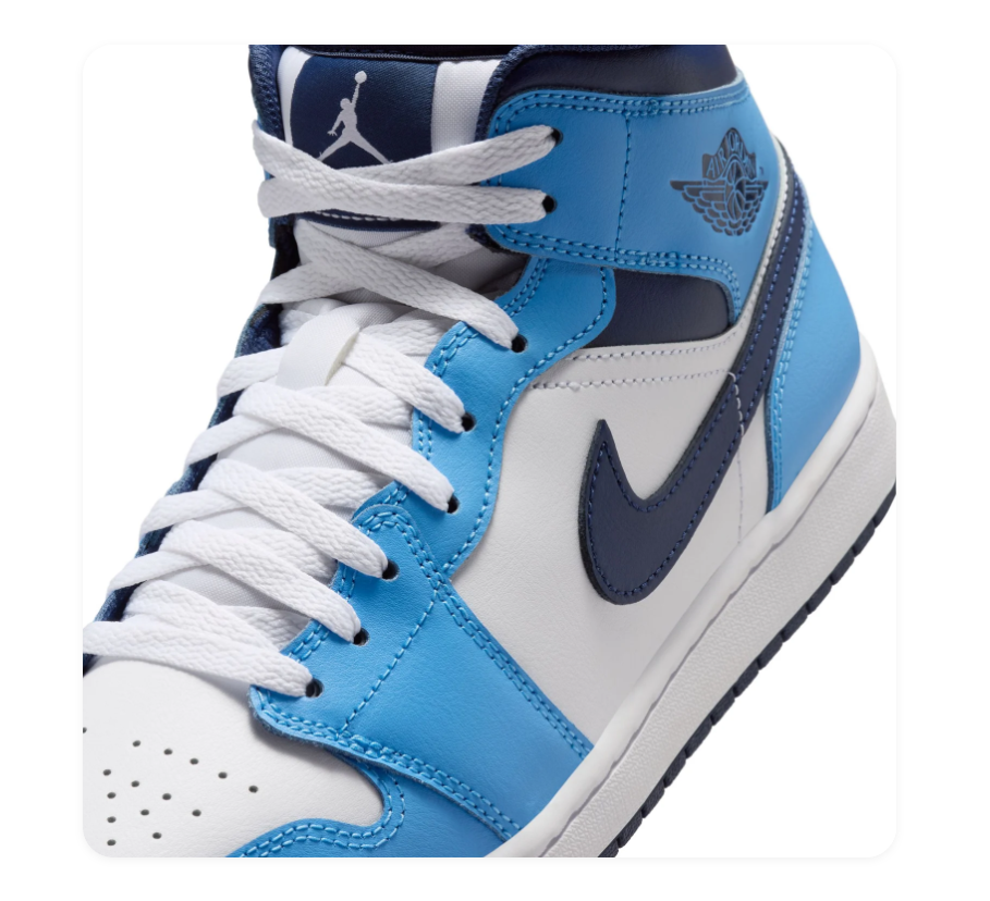 Air Jordan 1 Mid Blue, White and Navy Sneakers