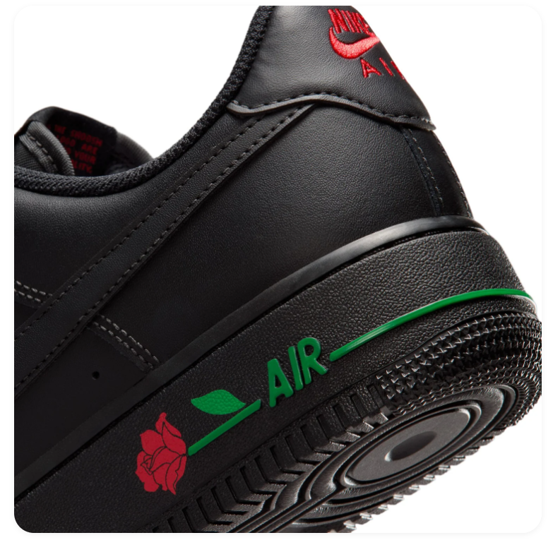 Nike Air Force 1 Black Low-Top Sneakers with Red Rose Details
