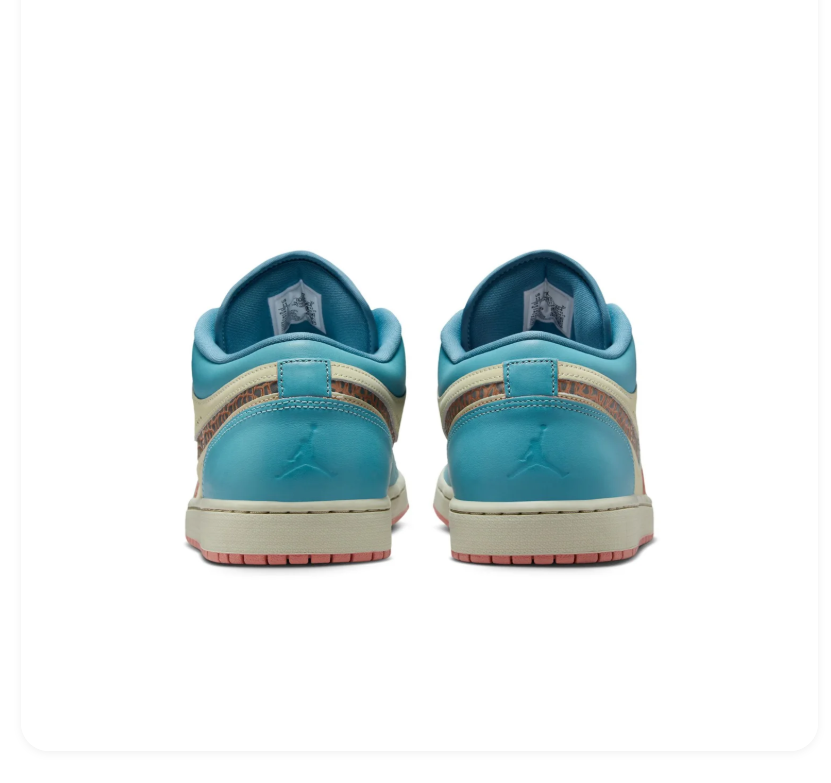 Air Jordan 1 Low Teal and Cream Sneakers with Coral Accents
