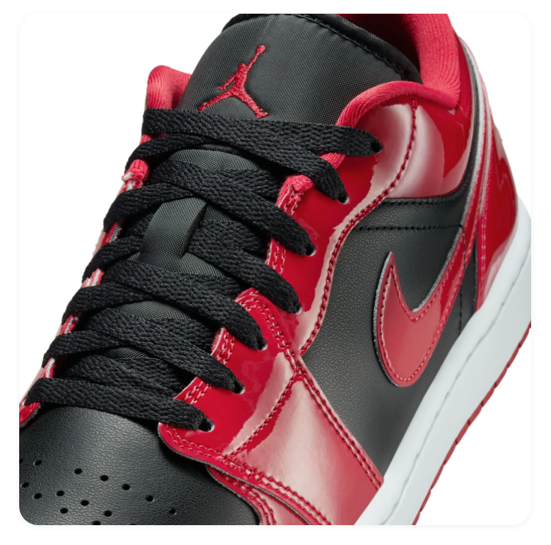 Air Jordan 1 Low Red and Black Sneakers with Glossy Overlays