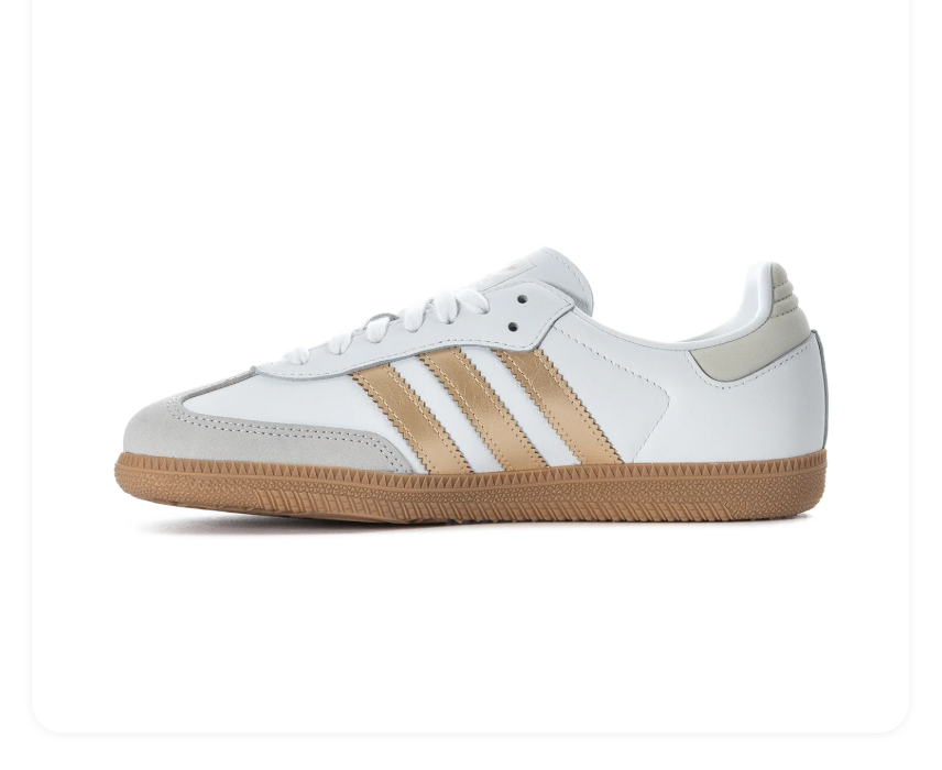 Adidas Samba White Sneakers with Metallic Gold Stripes and Gum Sole