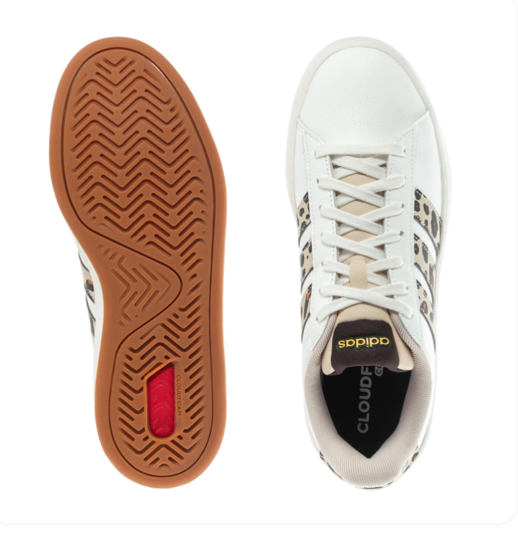 Adidas White Low-Top Sneakers with Leopard Print Stripes and Gum Outsole