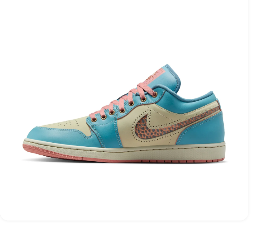 Air Jordan 1 Low Teal and Cream Sneakers with Coral Accents