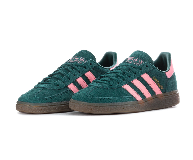 Adidas Handball Spezial Dark Green Sneakers with Pink Stripes and Brown Sole