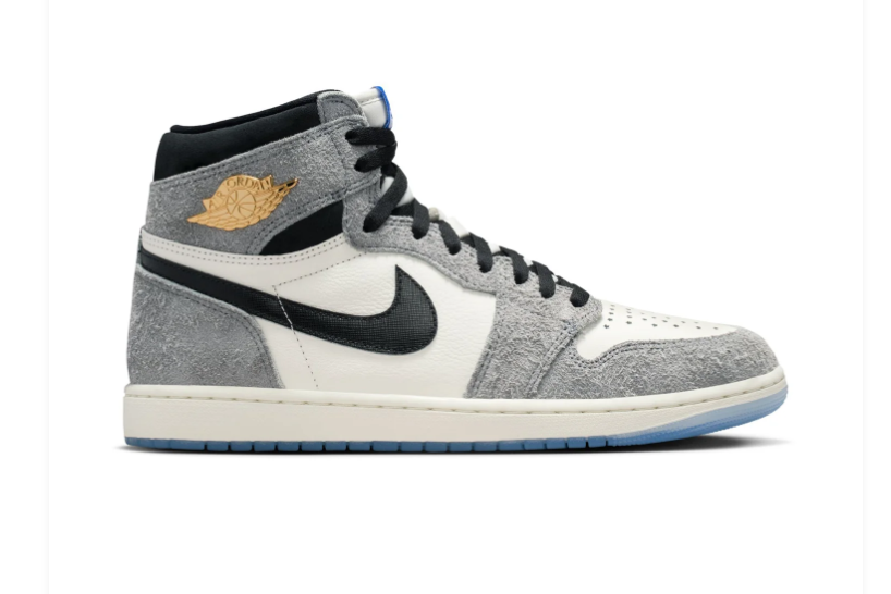 Air Jordan 1 High Grey and Cream Sneakers with Blue Outsole