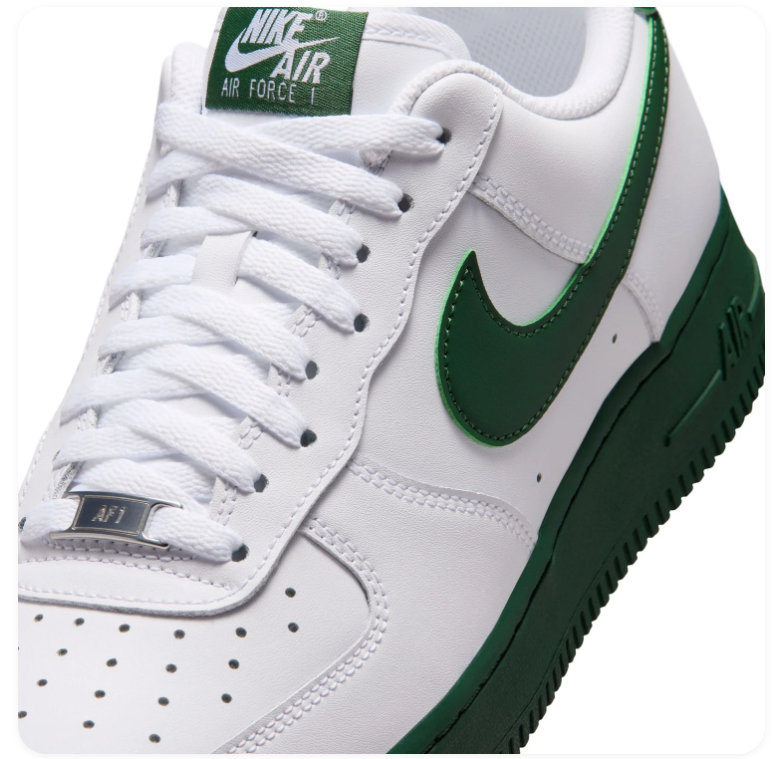 Nike Air Force 1 White Low-Top Sneakers with Dark Green Swoosh and Sole