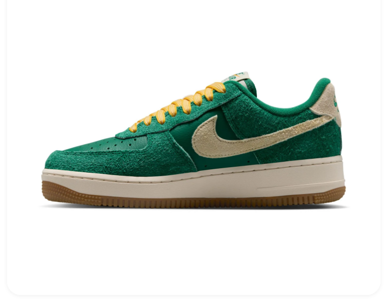 Nike Air Force 1 Green Sneakers with Cream Swoosh and Yellow Laces