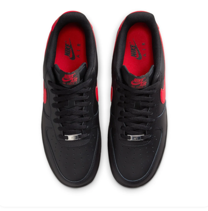 Nike Air Force 1 Black Low-Top Sneakers with Red Swoosh and Outsole