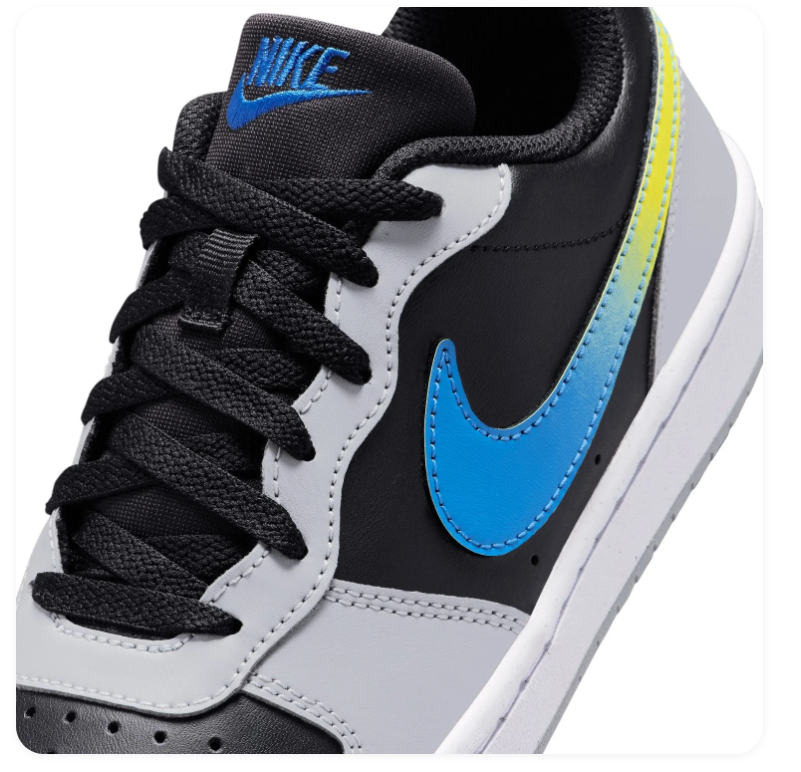Nike Black and Grey Low-Top Sneakers with Blue-to-Yellow Gradient Swoosh