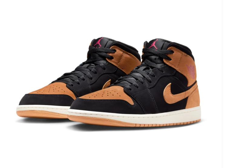 Air Jordan 1 Mid Black and Tan Sneakers with Red Accents