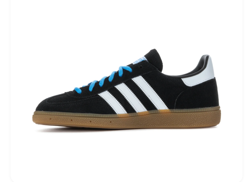 Adidas Handball Spezial Black Sneakers with White Stripes and Sky Blue Laces