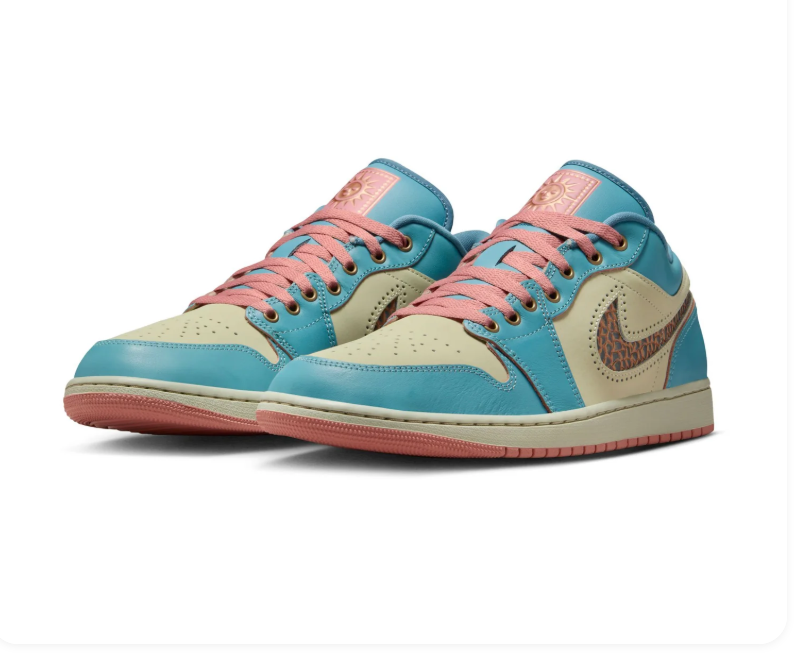 Air Jordan 1 Low Teal and Cream Sneakers with Coral Accents