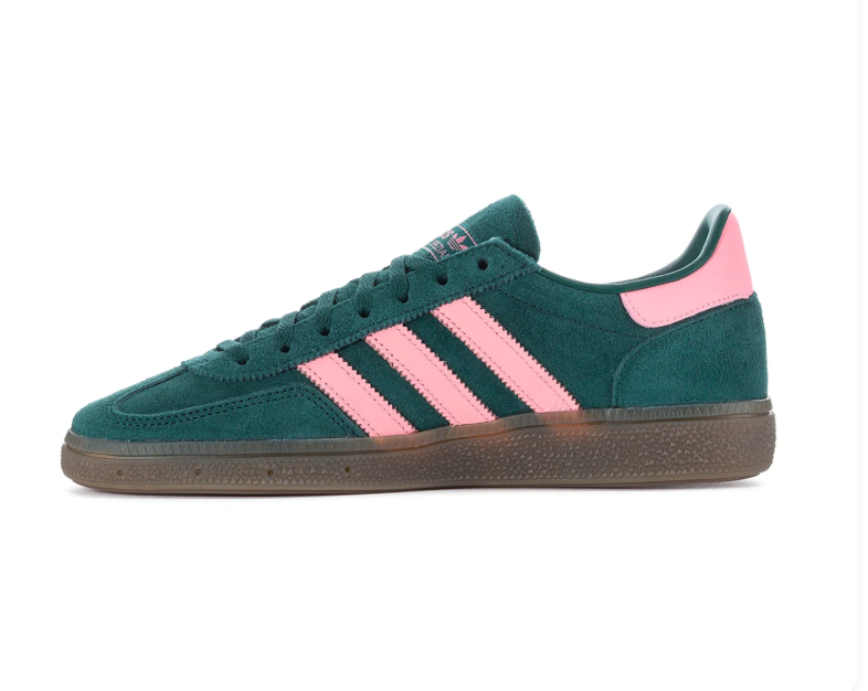 Adidas Handball Spezial Dark Green Sneakers with Pink Stripes and Brown Sole