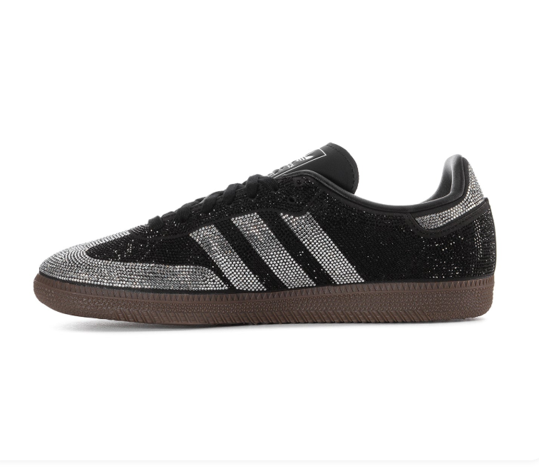 Adidas Black Rhinestone Sneakers with Silver Stripes and Brown Sole